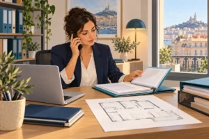 Illustration d’une gestionnaire organisant la consultation de documents d’un logement au téléphone