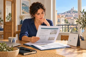 Illustration d’une propriétaire vérifiant un rapport et un calendrier avant une vente immobilière