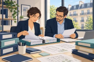 Illustration de deux gestionnaires classant les pièces et les plans du dossier technique amiante d’une copropriété.